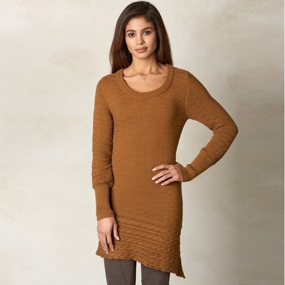 prAna Felicia Tunic Sweater Womens Medium Brown Mustard Cable Knit EUC